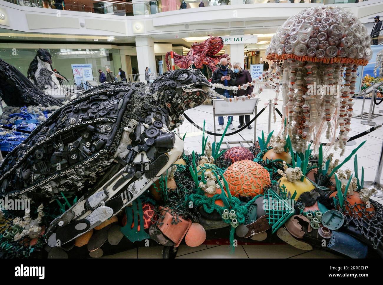 220224 -- BURNABY, 24. Februar 2022 -- eine Kunstskulptur aus Plastikmüll aus dem Meer wird auf der Washed Landore Ausstellung im Metrotown Mall in Burnaby, British Columbia, Kanada, am 23. Februar 2022 ausgestellt. Die Skulpturenausstellung „Washed Landore“ kam zum ersten Mal nach Westkanada und zeigte 9 riesige Skulpturen von Meerestieren, die ausschließlich aus Plastikmüll aus dem Pazifik stammen. Die Ausstellung findet vom 23. Februar bis zum 30. April statt. Foto von /Xinhua CANADA-BURNABY-ART SCULPTURES-OCEAN WASTE LiangxSen PUBLICATIONxNOTxINxCHN Stockfoto