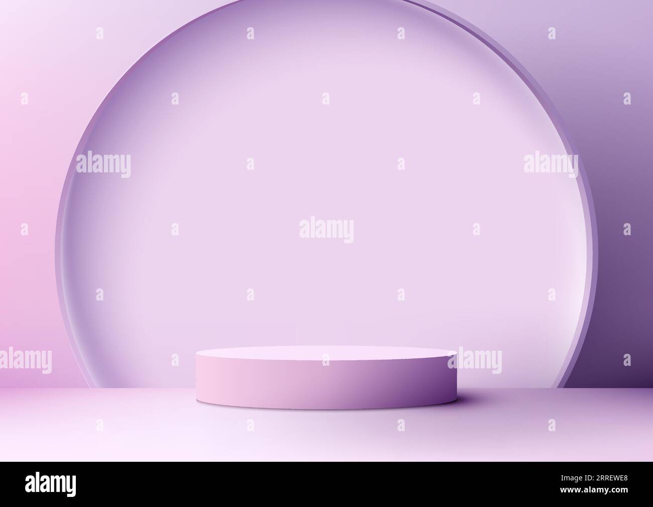 Das 3D-Podium in sanftem Violett mit einem Hintergrund aus violetten Pastellkreisen ist ein perfektes Modell für die Produktanzeige. Vektorabbildung Stock Vektor
