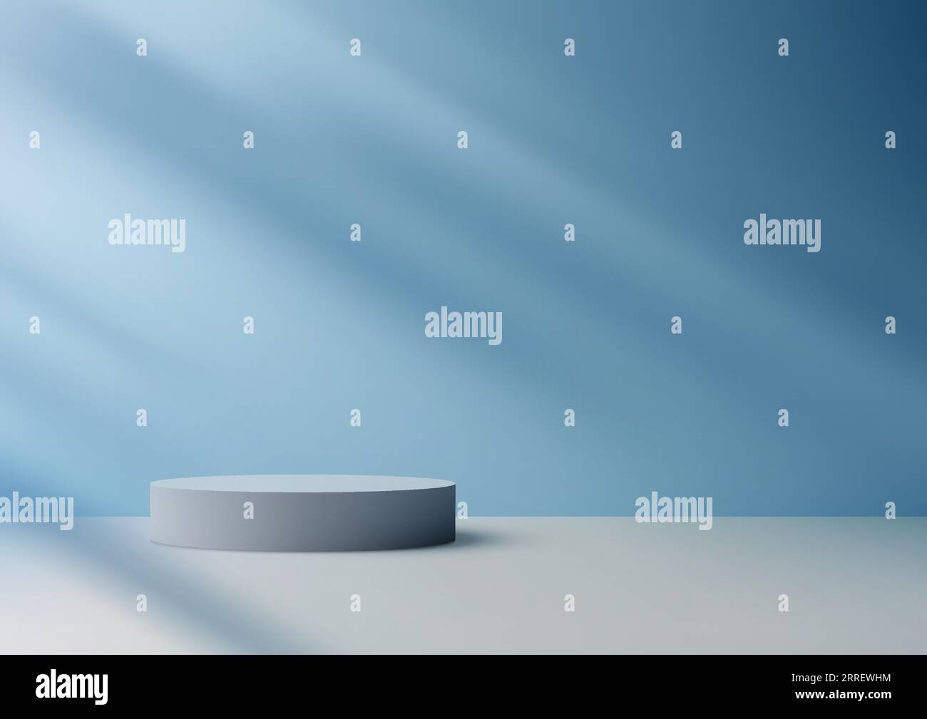 Die realistische weiße 3D-Podiumsplatte auf einem weichen blauen Hintergrund ist ein perfektes Mockup, um Ihre Produkte auf minimalistische und moderne Weise zu präsentieren. Vec Stock Vektor