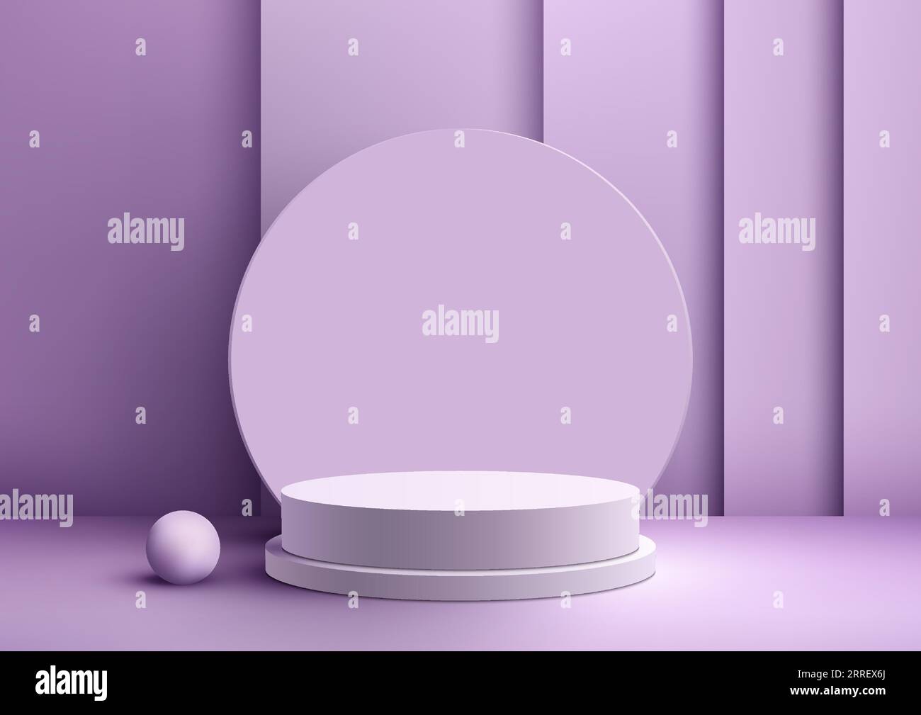 Ein weißes Podium in 3D mit kreisförmigem Hintergrund und einem Ball auf dem Boden mit violettem Hintergrund eignet sich perfekt für die Präsentation von Produkten oder anderen Gegenständen. Die Minima Stock Vektor