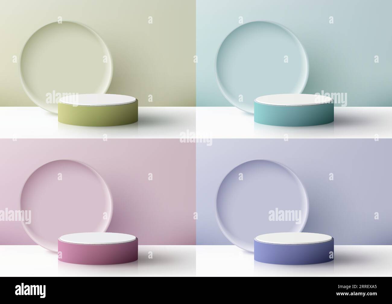 Weiche 3D-Farben und weißes Podium mit kreisförmigem Hintergrund auf pastellfarbenem Hintergrund sind ein perfektes Modell für die Produktpräsentation. Vektorillustration Stock Vektor
