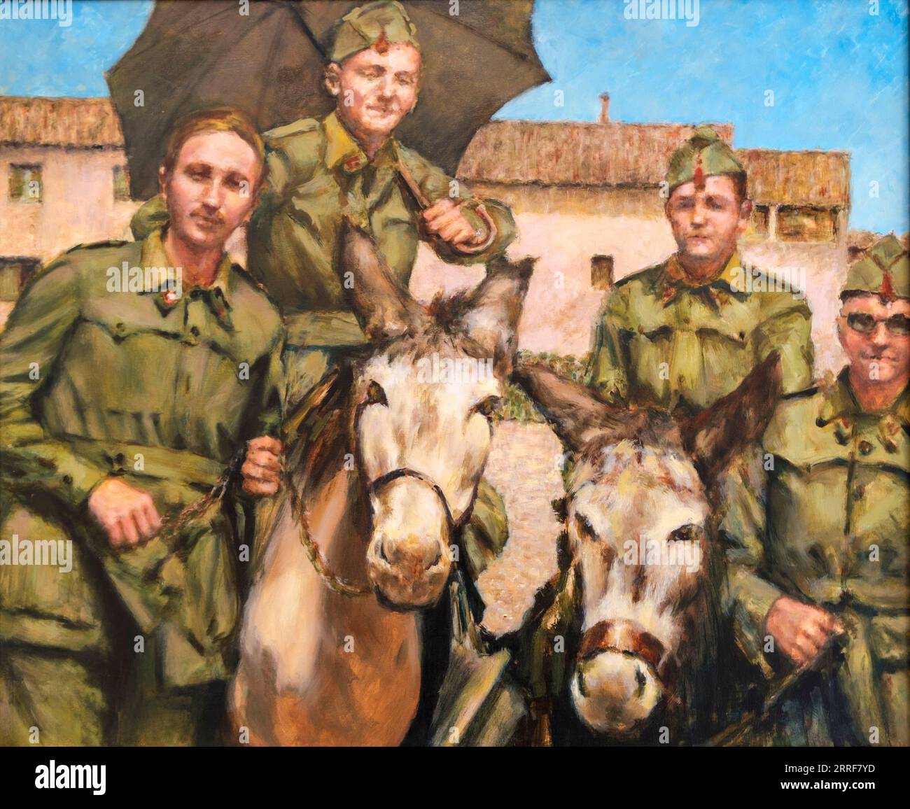 Jinetes y montura, Öl auf Leinwand, Juan Carrio Martinez, Soldaten der spanischen Franco-Ära, Klosterkirche Santa Margarita, Palma, Mallorca, Balearen, Spanien. Stockfoto