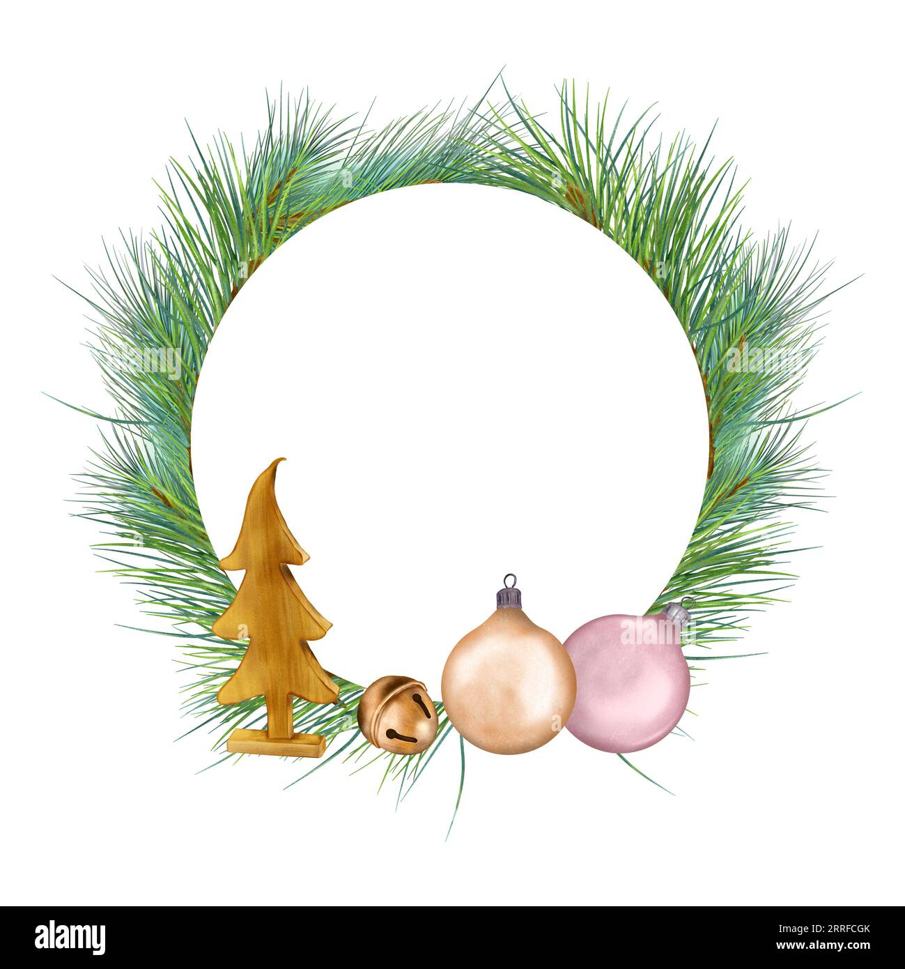 Rahmen des Weihnachtsbaums, Kugel mit Holzspielzeug und Glocke digitale Illustration isoliert auf weiß. Weihnachtsdekoration, Kiefernzweig von Hand gezeichnet. Design Stockfoto