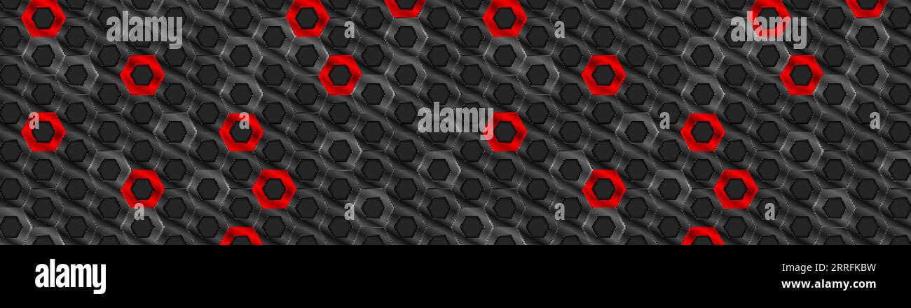 Rot-schwarzes, abstraktes Bannerdesign mit glänzenden Sechsecken. Futuristischer Geometriehintergrund. Vektorillustration Stock Vektor