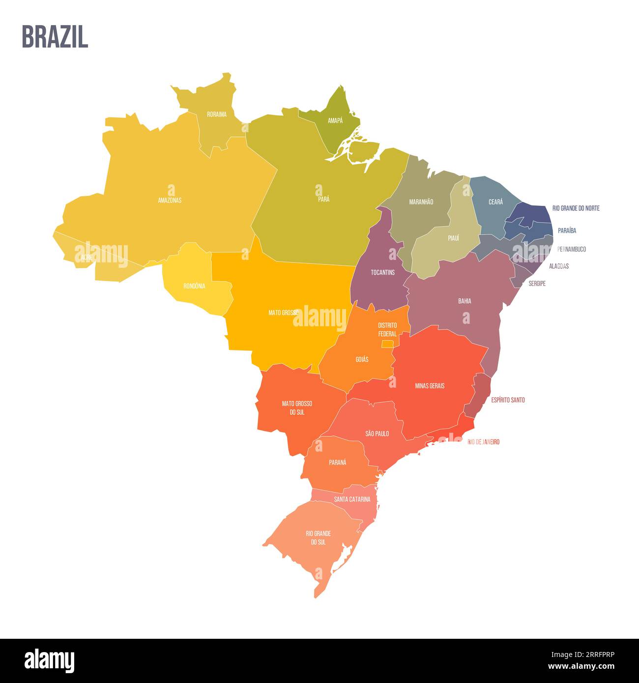 Politische Karte der Verwaltungseinheiten Brasiliens - Föderative Einheiten Brasiliens. Bunte Spektrumkarte mit Etiketten und Ländernamen. Stock Vektor