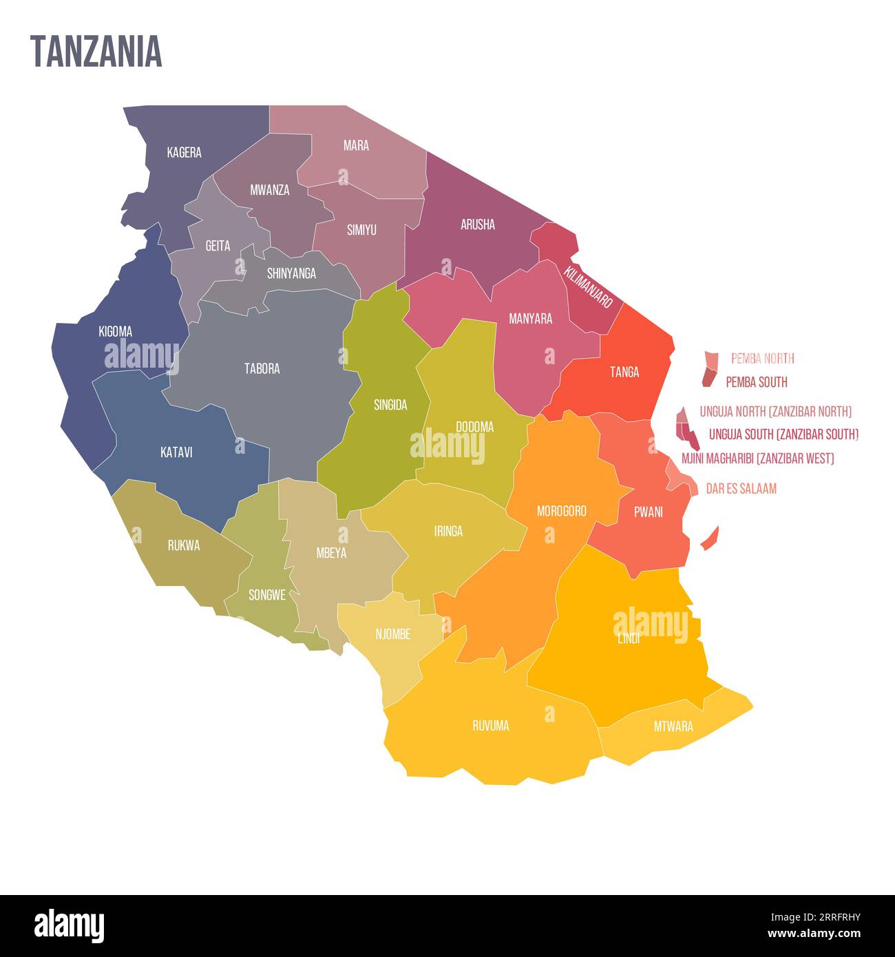 Tansania politische Karte der Verwaltungsbereiche - Regionen. Bunte Spektrumkarte mit Etiketten und Ländernamen. Stock Vektor