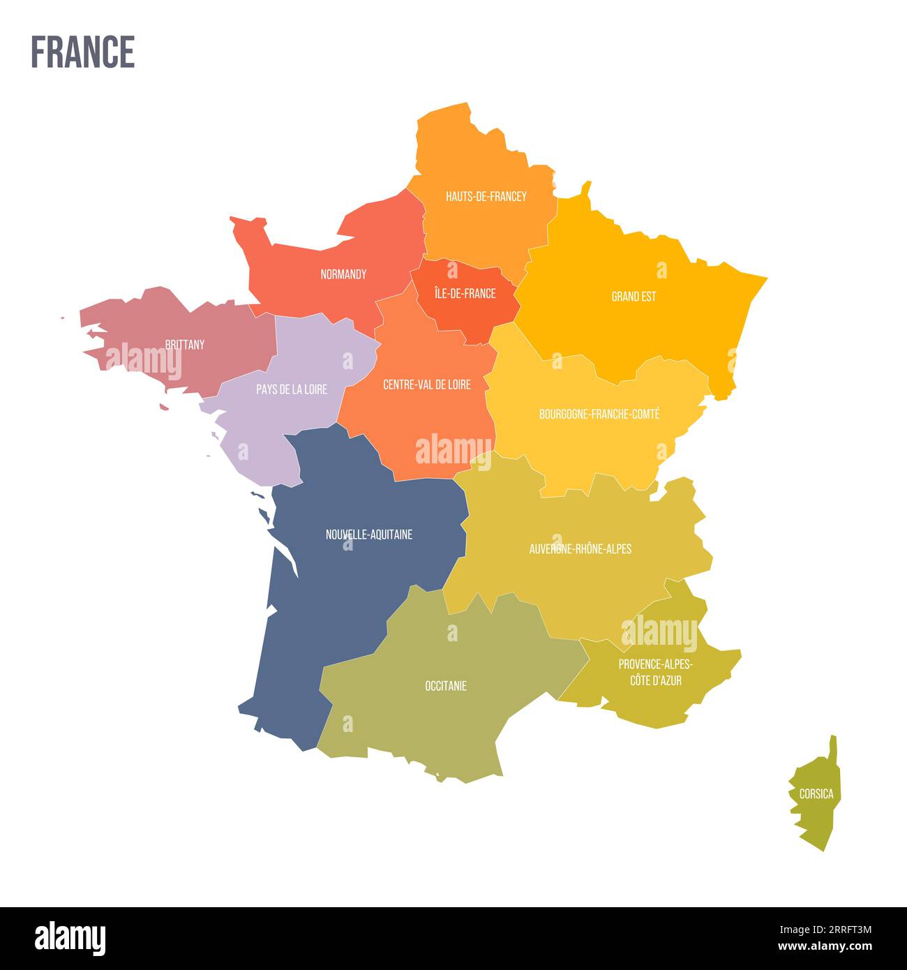 Frankreich politische Karte der Verwaltungsbereiche - Regionen. Bunte Spektrumkarte mit Etiketten und Ländernamen. Stock Vektor