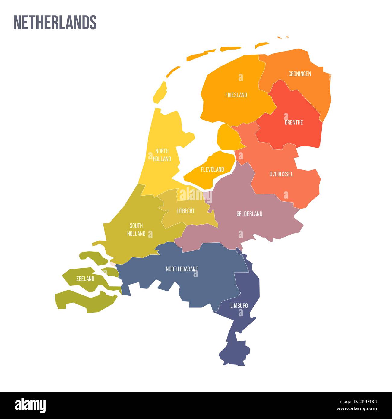 Niederlande politische Karte der Verwaltungsbereiche - Provinzen. Bunte Spektrumkarte mit Etiketten und Ländernamen. Stock Vektor