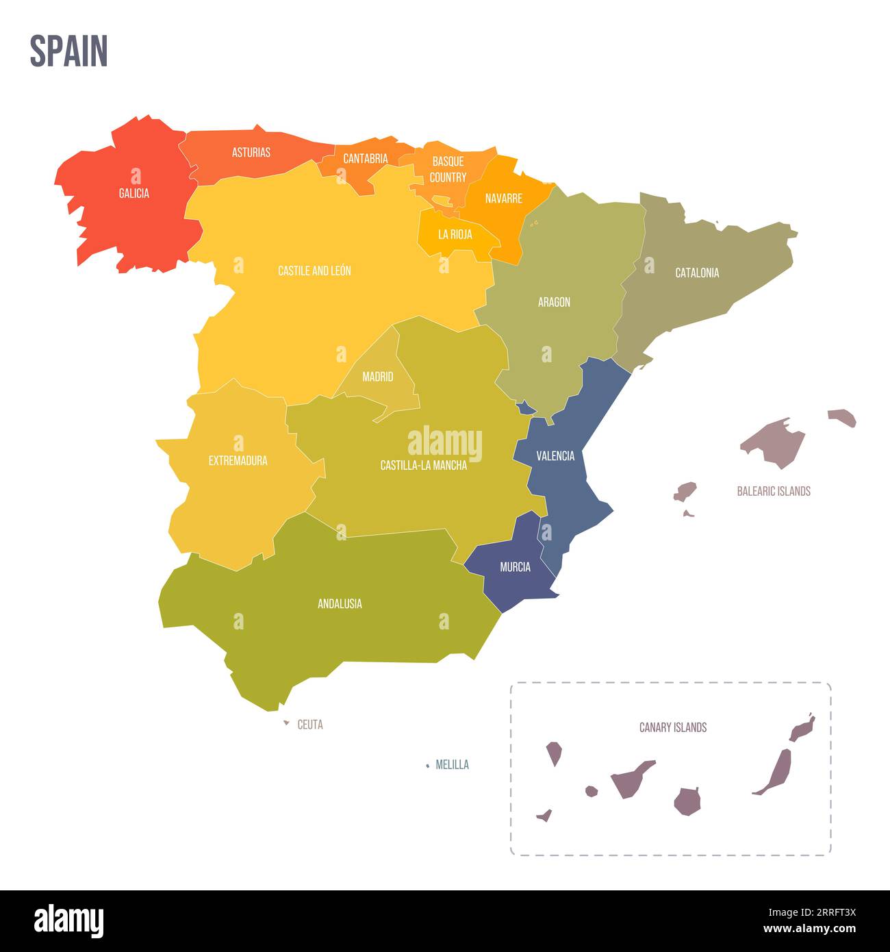 Spanien politische Karte der Verwaltungsbereiche - autonome Gemeinden und autonome Städte Ceuta und Melilla. Bunte Spektrumkarte mit Etiketten und Ländernamen. Stock Vektor