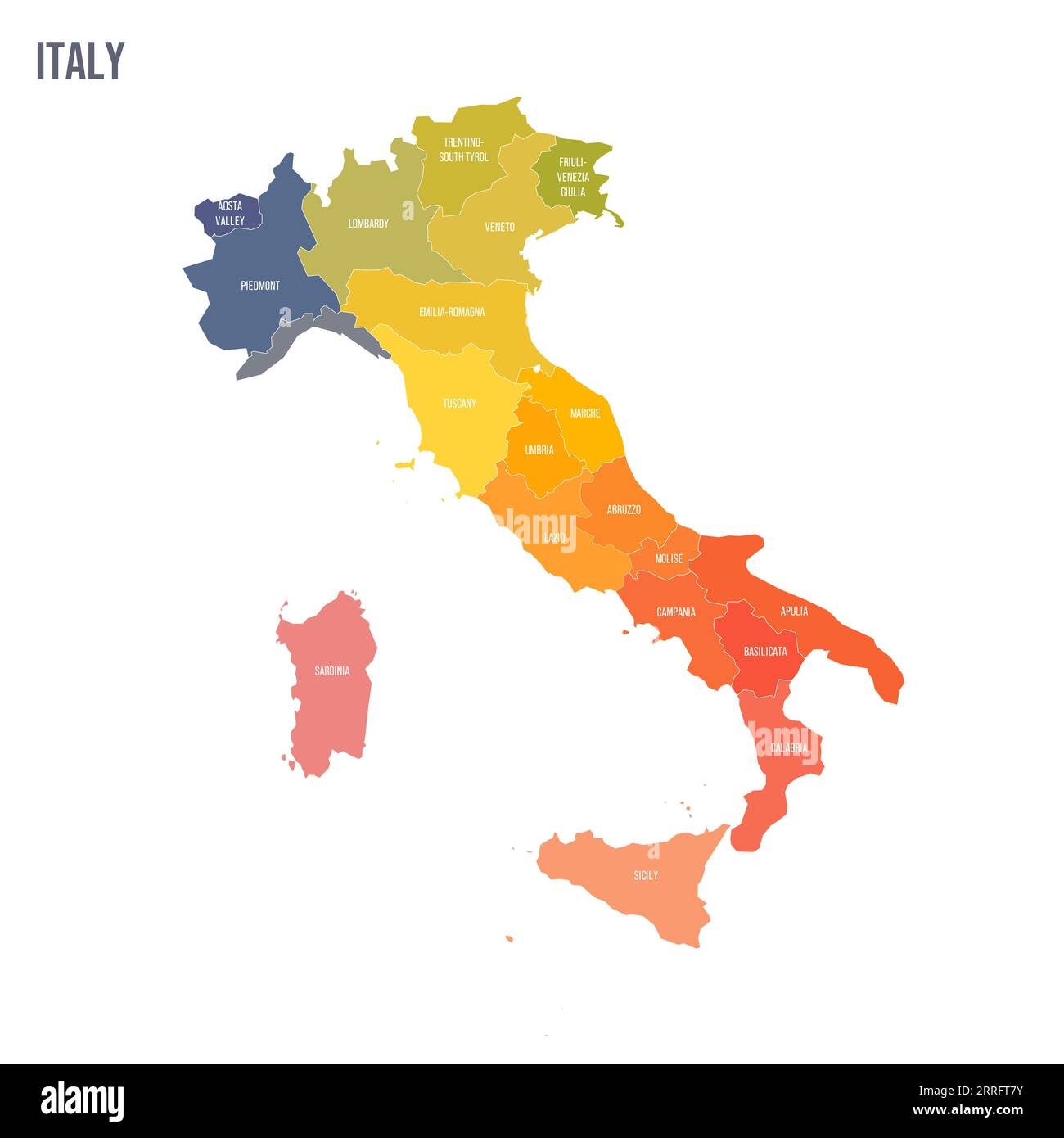 Italien politische Karte der Verwaltungsbereiche Regionen. Bunte Spektrumkarte mit Etiketten