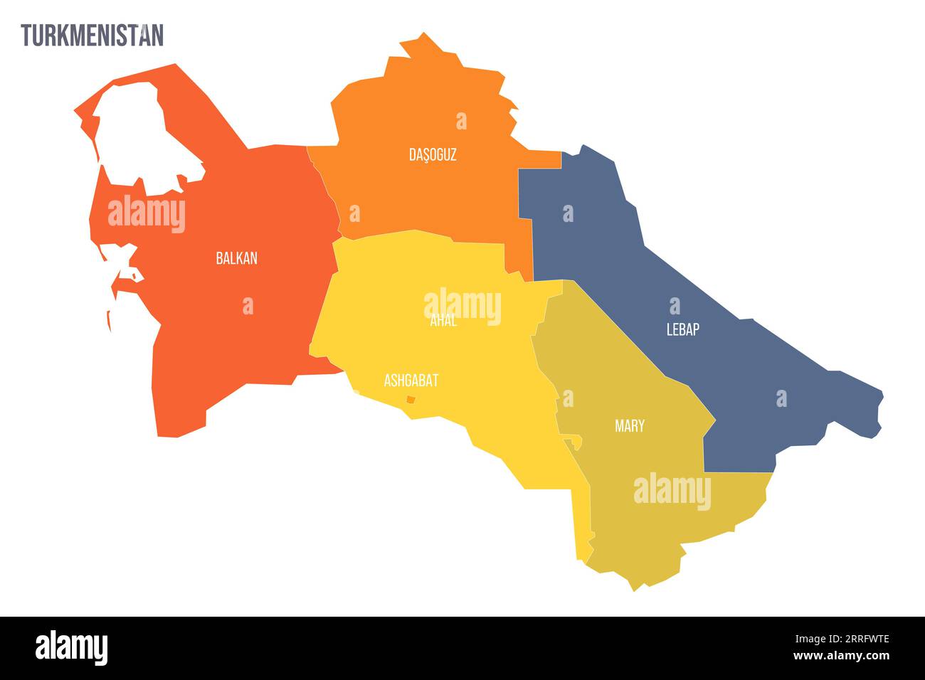 Turkmenistans politische Karte der Verwaltungsbereiche - Regionen und Hauptstadtbezirk von Aschgabat. Bunte Spektrumkarte mit Etiketten und Ländernamen. Stock Vektor