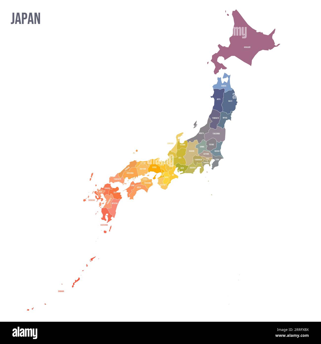 Politische Karte Japans der Verwaltungsbezirke – Präfekturen, Metropilis Tokio, Territorium Hokaido und städtische Präfekturen Kyoto und Osaka. Bunte Spektrumkarte mit Etiketten und Ländernamen. Stock Vektor