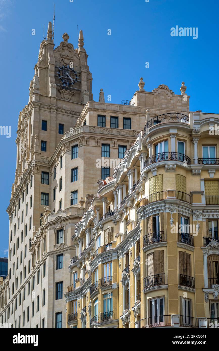 Historisches Jugendstilgebäude an der Gran Via, Madrid, Spanien Stockfoto