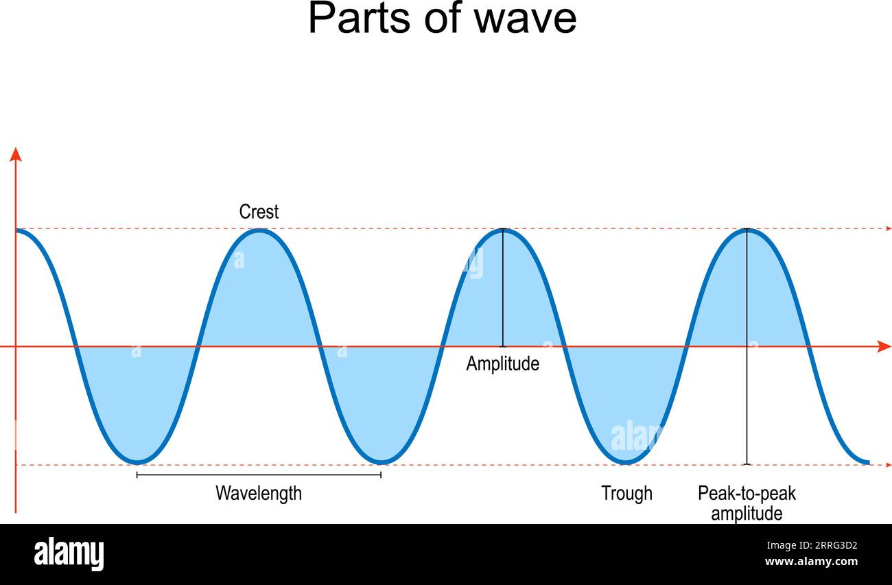 Teile der Welle. Grundkomponenten und Eigenschaften von Wellen in Physik, Optik und Klang. Vektorillustration Stock Vektor