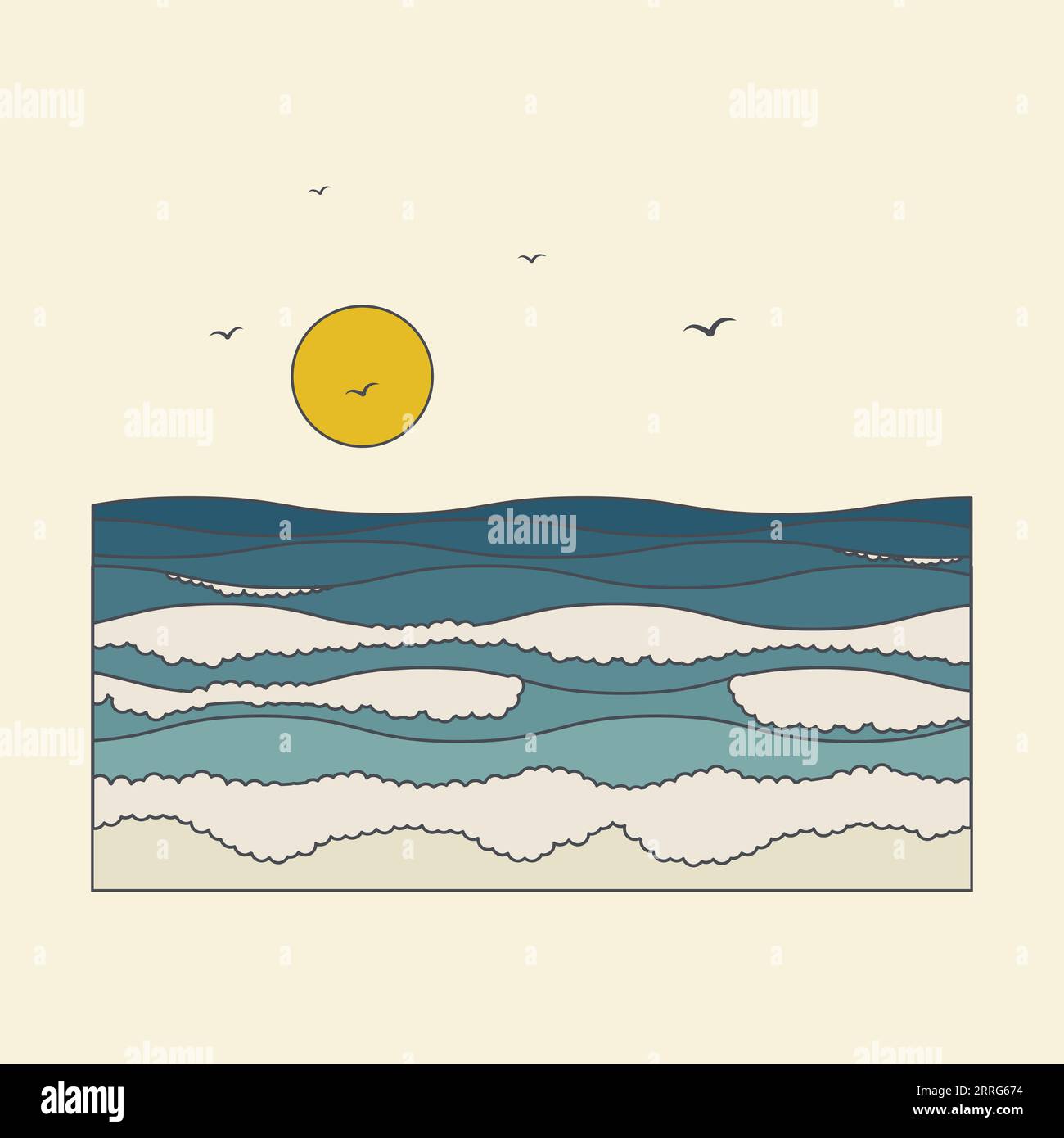 Morgenlandschaft am Meer mit fliegender Vogelkarte Illustration Stock Vektor