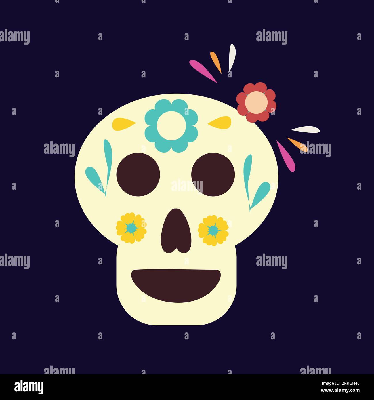 Süßer Zuckerschädel mit Blumen auf dunklem Hintergrund Stock Vektor