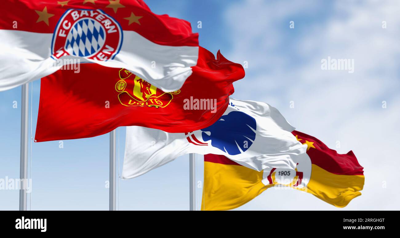 Monaco, MC, August 31 2023: Die Flaggen der Gruppe-A-Teams der UEFA Champions League 2023-24 flattern im Wind. Illustrativer Leitartikel 3d illu Stockfoto