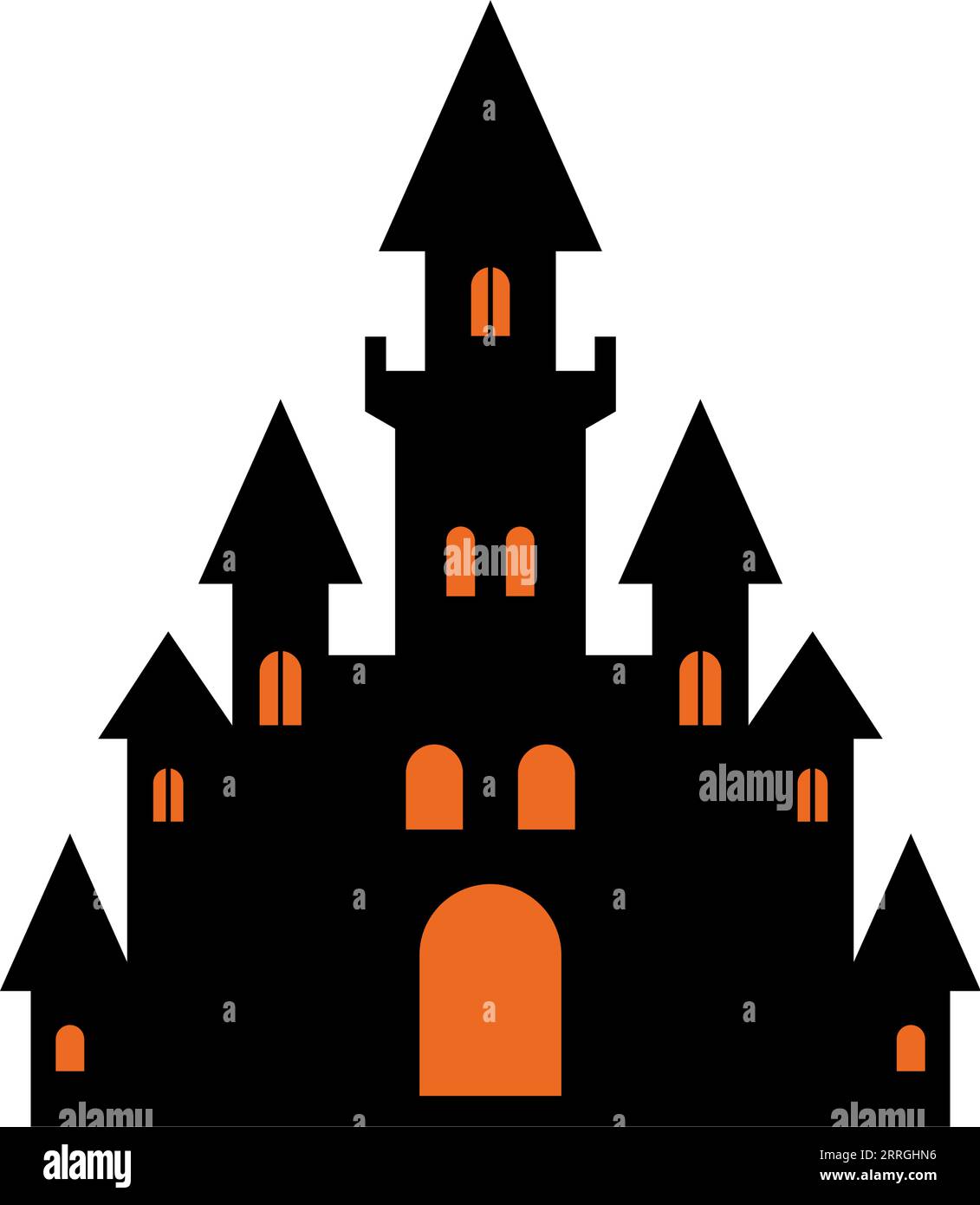 Halloween-Horror-schwarzes Schloss mit orangefarbenem Lichtfenster und Tür-Ikonen-Vektor-flacher Illustration. Gruselig leuchtende geheimnisvolle antike Palast Nacht gruselige Silho Stock Vektor