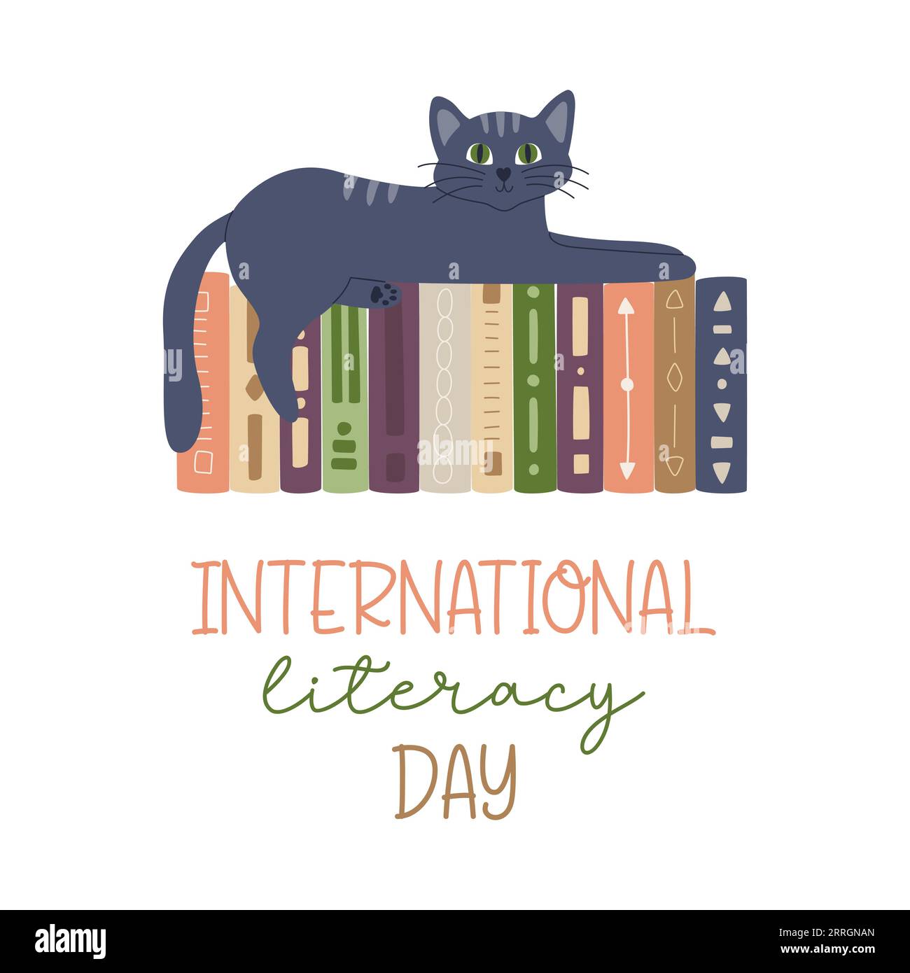 Eine niedliche Katze, die auf Büchern mit verschiedenen Mustern in einer Reihe steht. Internationale Alphabetisierungstag Grußkarte für Buchliebhaber. Flacher Zeichentrickvektor Ill Stock Vektor