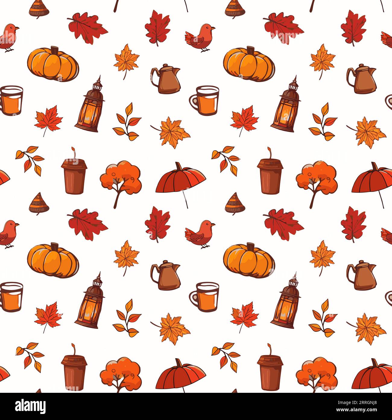 Nahtloses Muster in Orange Herbst. Hallo, Herbst. Kürbisse, Blätter, Nüsse, Vögel, Becher, Teekanne, roter Regenschirm. Vektor auf weiß. Heller Hintergrund Herbstkarte Druck für Textilien Kleidung Schreibwaren Stock Vektor