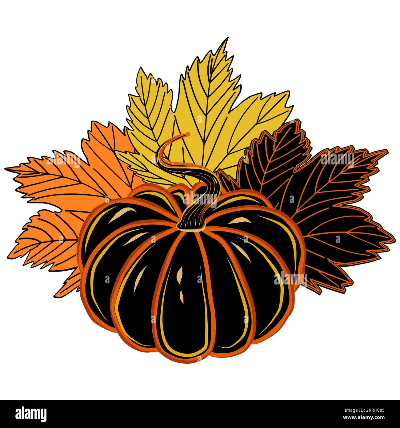 Herbstbilder von schwarzem runden Reifen Kürbis mit bunten Ahornblättern. JPEG-Illustration für Aufkleber, Erstellen von Mustern, Einwickeln von Papier, Stockfoto