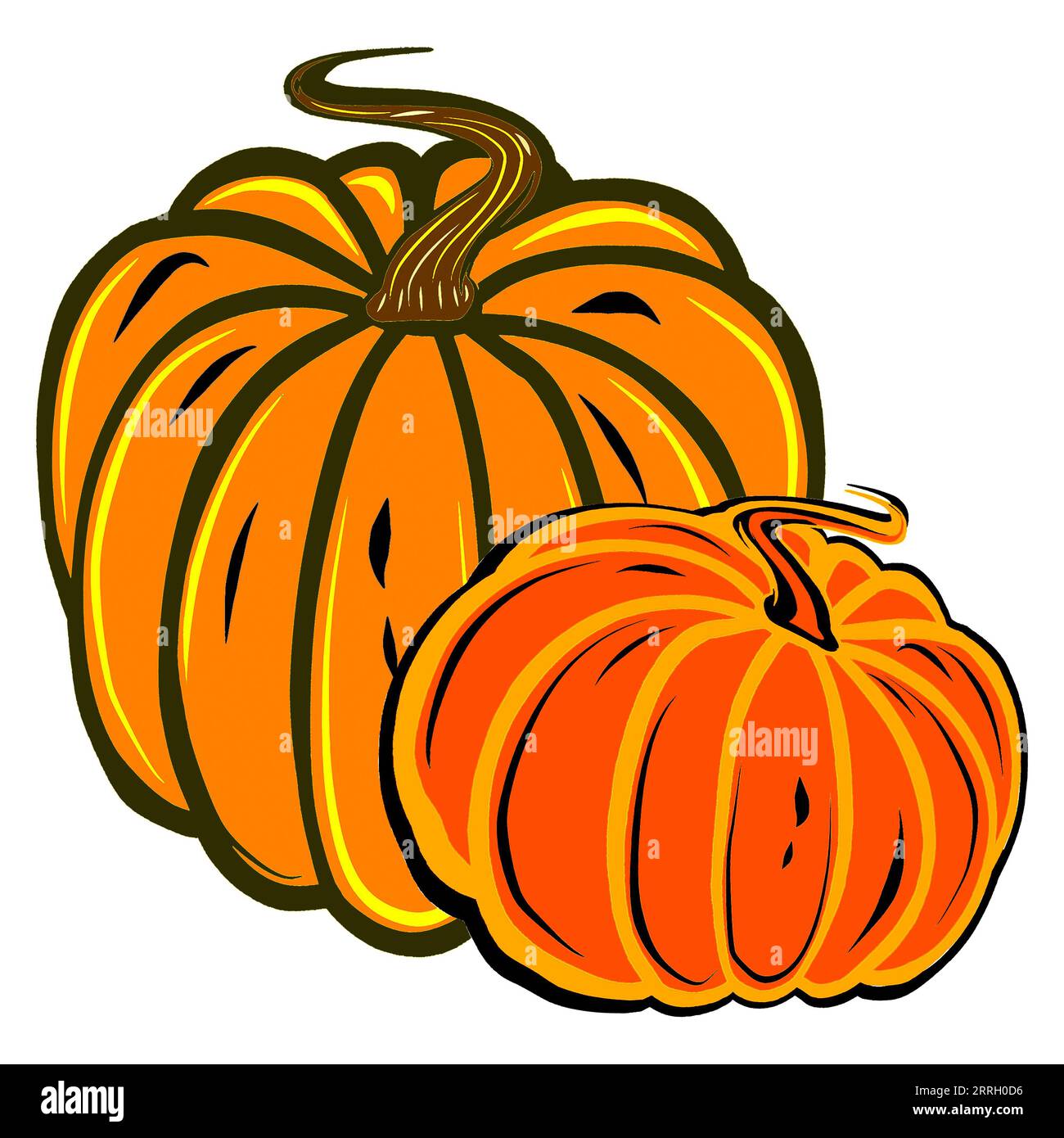 Herbstbilder von zwei orangen Kürbissen. JPEG-Illustration für Aufkleber, Erstellen von Mustern, Geschenkpapier, Postkarten, Designvorlage, Stoff, Stockfoto