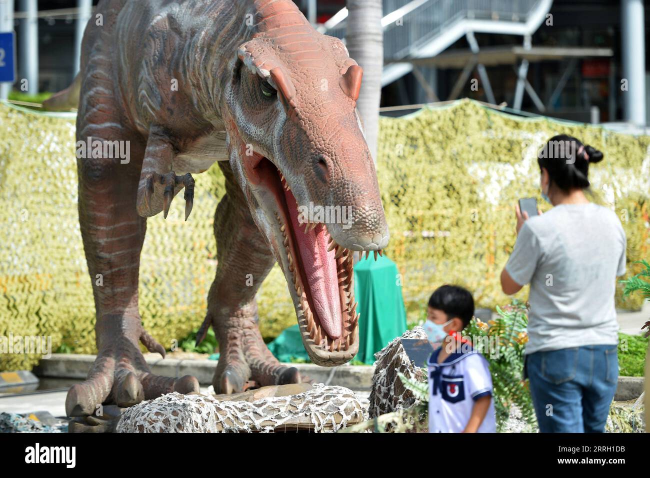 220607 -- BANGKOK, 7. Juni 2022 -- Ein Tourist fotografiert Ein Dinosaurier-Modell beim Dino fest in Bangkok, Thailand, am 7. Juni 2022. Das Dino fest startete am 2. Juni und wird bis zum 12. Juni dauern, wo mehr als 50 Dinosauriermodelle gezeigt werden. THAILAND-BANGKOK-DINO FEST RachenxSageamsak PUBLICATIONxNOTxINxCHN Stockfoto