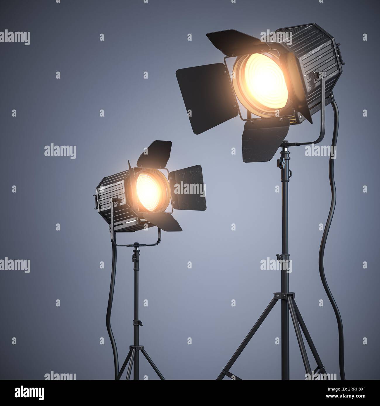 Spotlight Studio-Beleuchtungsgeräte für Fotografie oder Videografie auf grauem Hintergrund. 3D Abbildung Stockfoto