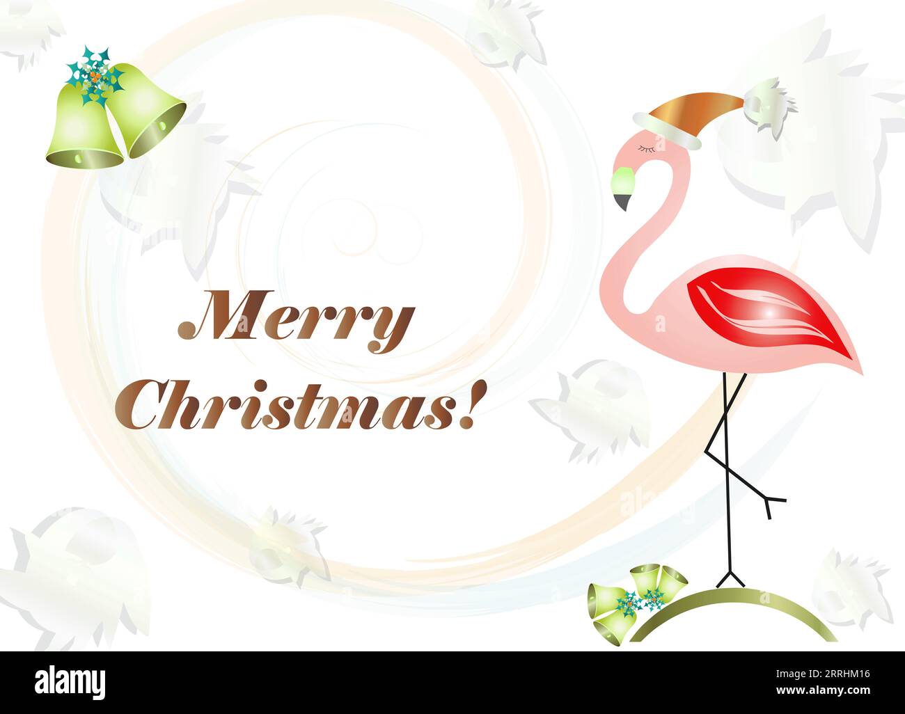 frohe Weihnachtskarte mit Flamingo-Cartoon-Illustration - festliches Weihnachtsthema Stockfoto