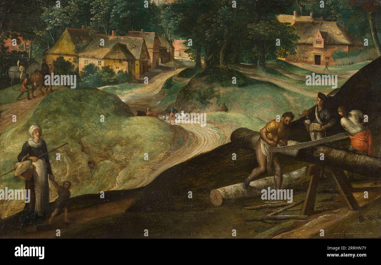 Landscape with Men Sawing Timber, Unbekanntes Datum. Stockfoto
