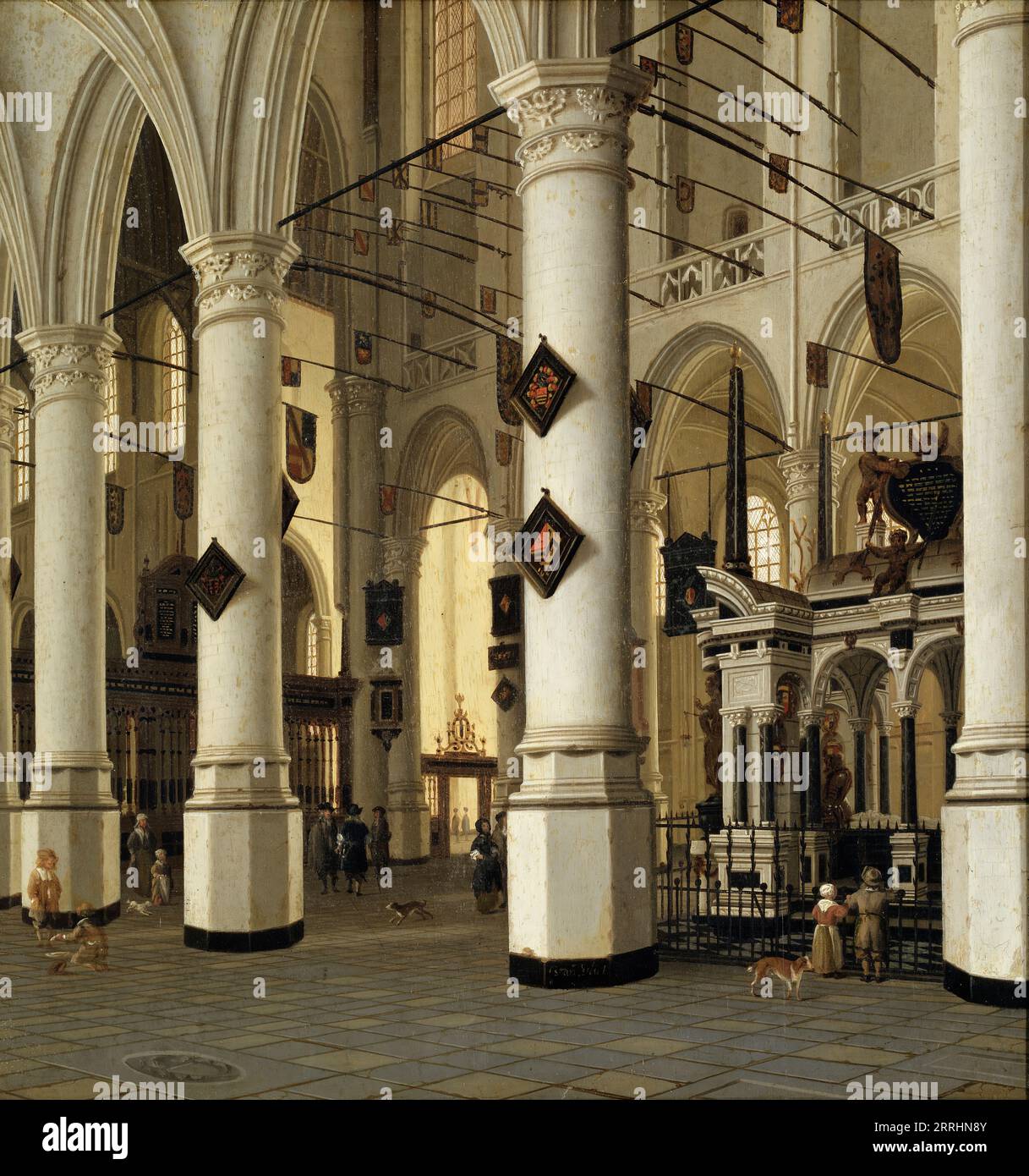 Das Innere von Nieuwe Kerk, Delft, Unknown Date. Die Innenräume der Kirche wurden im 17. Jahrhundert zu einem eigenständigen Genre in Holland. In Hendrick Cornelisz van Vliet’s Gemälde wirkt der Kirchenraum fast wie ein Stadtplatz. Die Menschen sammeln sich, schauen sich Gegenstände an und lassen ihre Hunde los; ein Treffpunkt statt ein Raum für religiöse Ehrfurcht. Gleichzeitig ist das Innere der Kirche Ausdruck der religiösen Bedingungen in Holland. Es ist weiß gemalt, nach den Vorstellungen der Reformation, und, soweit man es erkennen kann, von Bildern befreit. Stockfoto