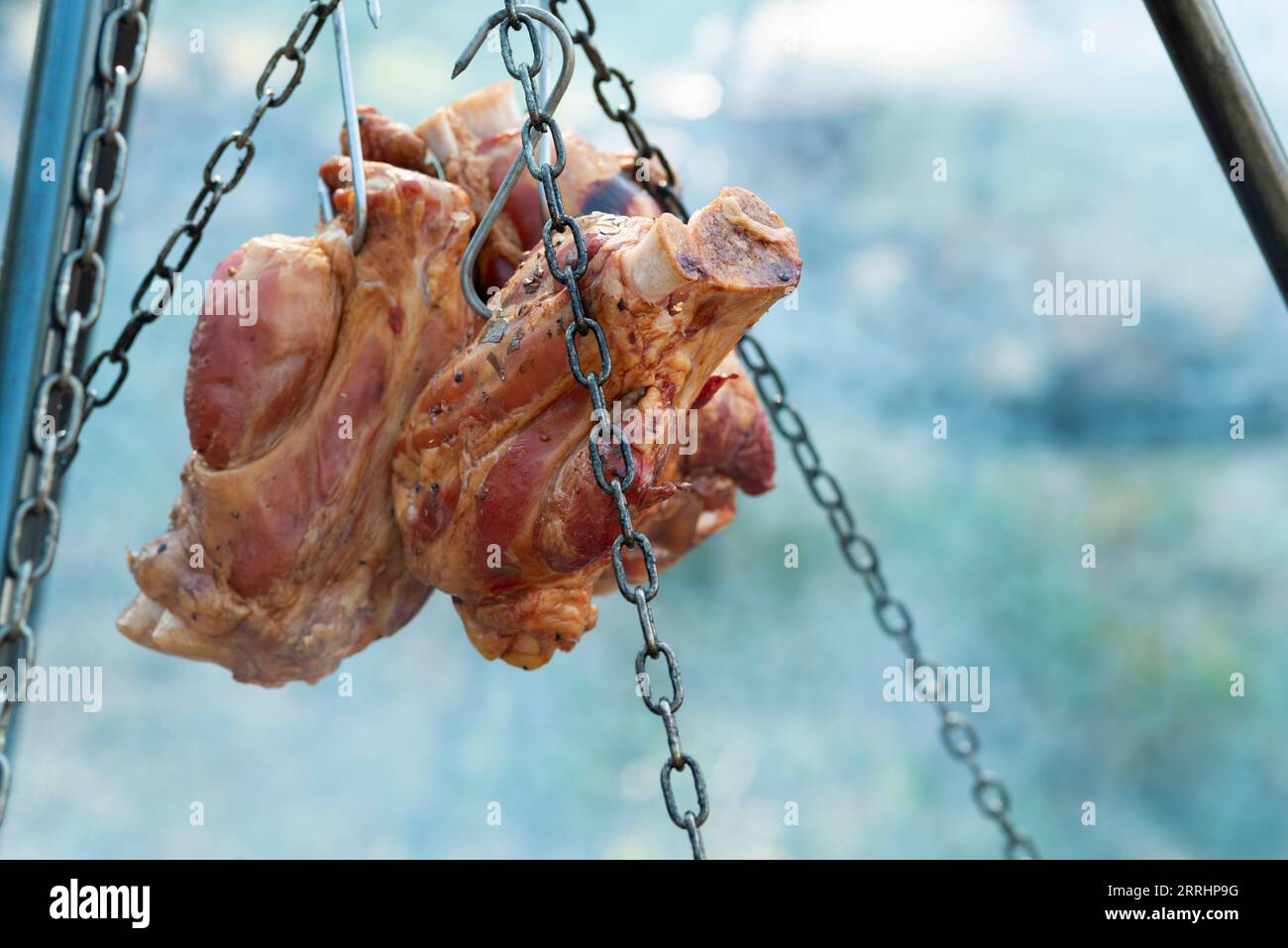 Italien, Lombardei, mittelalterliches historisches Reenactment, gebratene Schweinshaxe am Food Stand Stockfoto