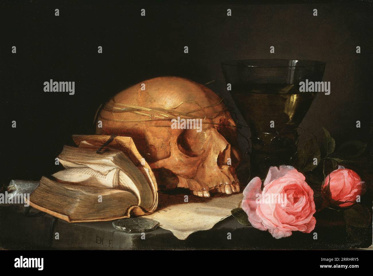 Ein Vanitas-Stillleben mit einem Schädel, ein Buch und Rosen, um 1630. Stockfoto