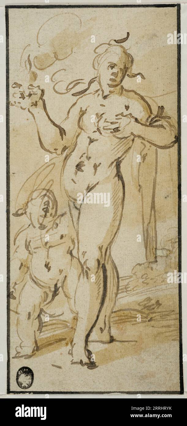 Venus mit brennendem Herzen und Cupid an ihrer Seite. Stockfoto