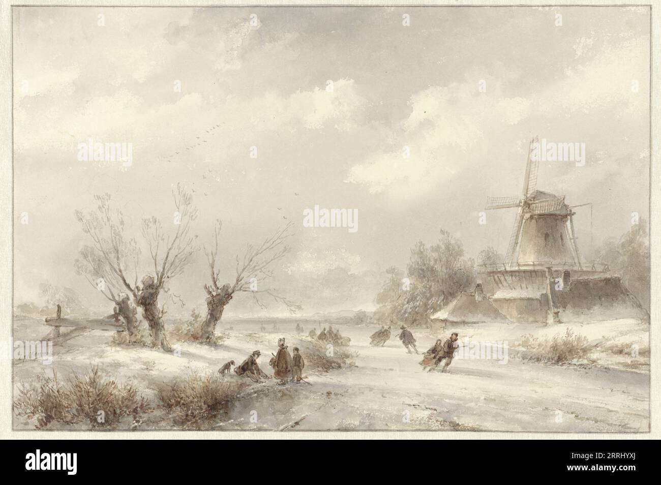 Winterlandschaft mit Schlittschuhläufern bei einer Windmühle, 1827-1897. Stockfoto