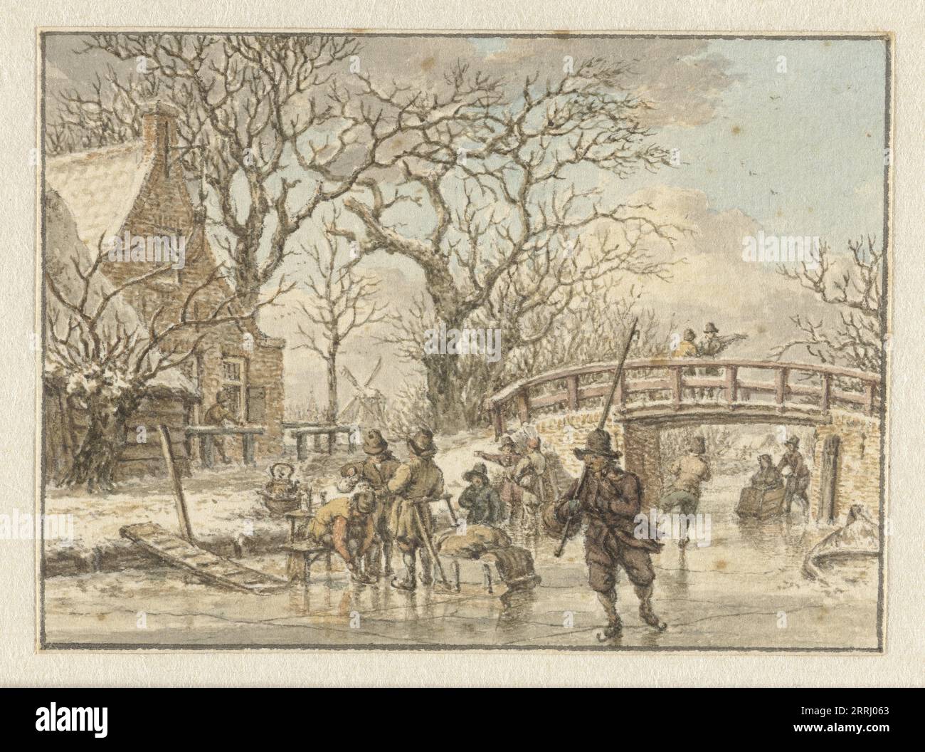 Winterlandschaft mit Eiskunstläufern auf einem Fluss, 1781. Stockfoto