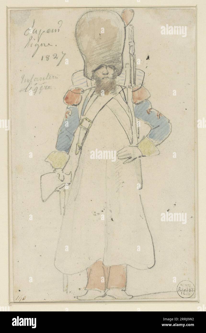 Skizze der Militäruniform, Gewehr auf der Schulter und Axt in der rechten Hand. 1827. Stockfoto
