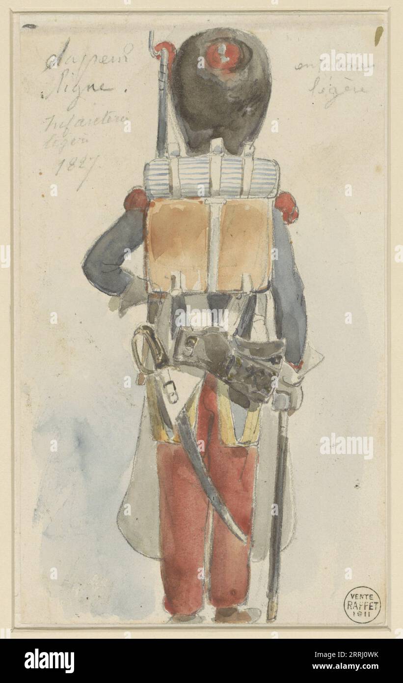 Skizze der Militäruniform, 1827. Sapeur ligne. Infanterie Bein&#xe8;re 1827. Stehende Figur von hinten mit Bärenfell, Rucksack, Säbel und Patronenetui, Gewehr auf der Schulter und Axt in der rechten Hand. Stockfoto