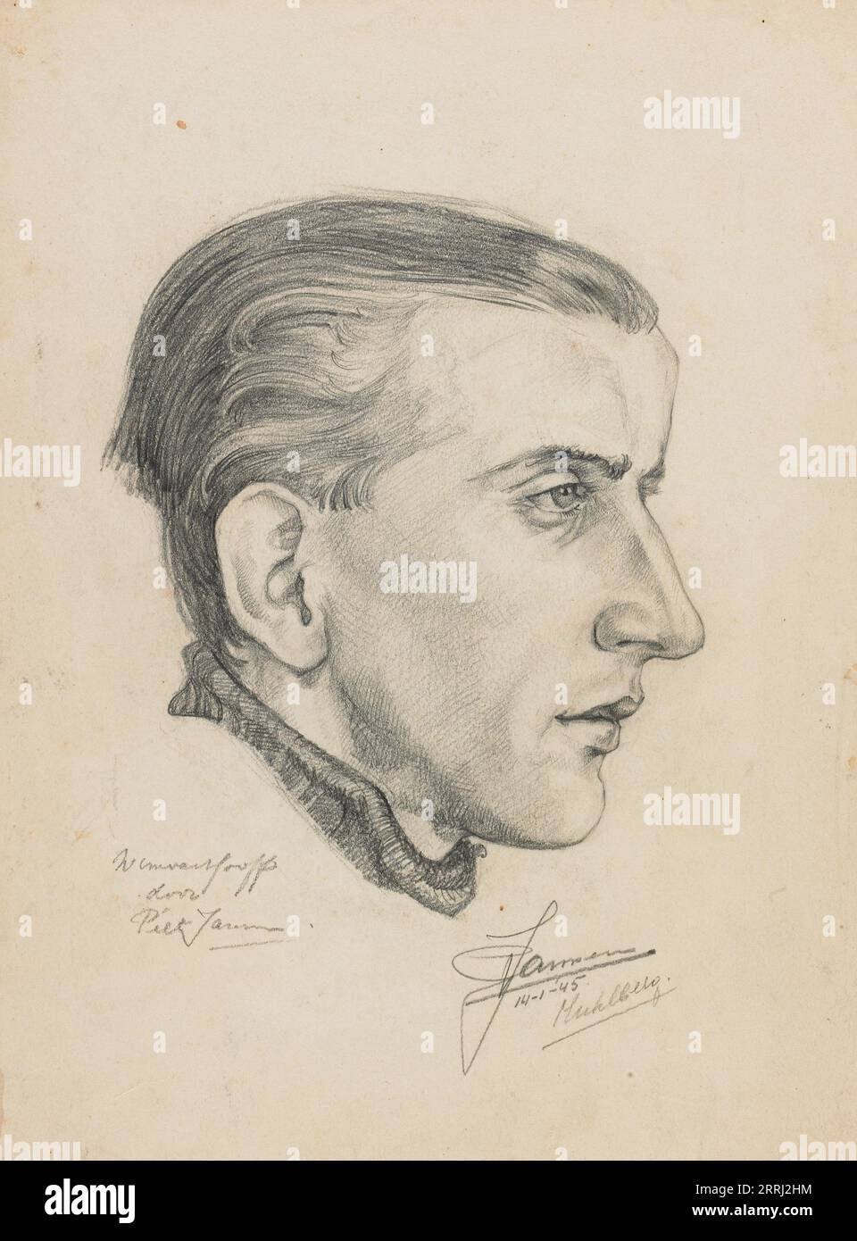 Porträt von Wim van Hooff, 1944-1945. Krijgsgevangenenkamp Stalag IV-B in Mühlberg aan de Elbe. Profilporträt des niederländischen Designers, Malers, Architekten und Künstlers Wim van Hooff, der in der Klinik des Muhlberger Gefängnislagers in Deutschland von seinem Freund Piet Jansen gemacht wurde. Stockfoto