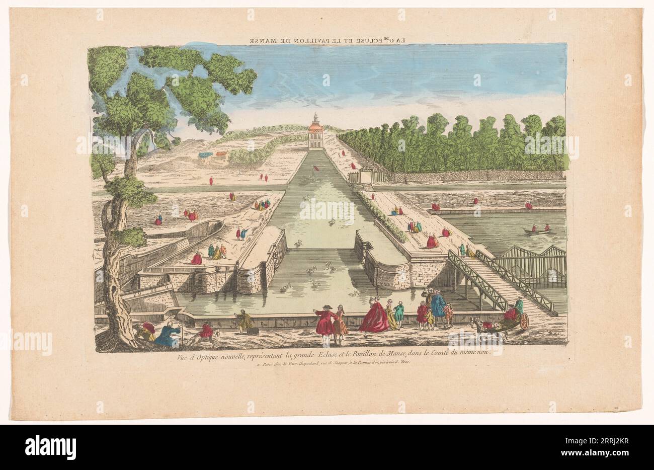 Blick auf die große Schleuse und den Pavillon de Manse in Chantilly, 1700-1799. 'Vue d'Optique nouvelle, repr&#xe9;santant la grande Ecluse et le Pavillon de Manse, dans le Comte du meme non [sic]'. (Neue optische Ansicht, die den Grande Ecluse (große Schleuse) und den Pavillon de Manse in der Grafschaft des gleichen Namens darstellt). Der Pavillon de Manse wurde 1678 gebaut, um die Great Waters Machine und die Hydraulikmaschinen des Herzogs von Aumale unterzubringen. Es ist nach dem Hydraulikingenieur Jacques de Manse benannt und wurde verwendet, um Quellwasser aus einem Brunnen zu einem Stausee zu heben, um es auf die Brunnen zu verteilen, Wasser Stockfoto