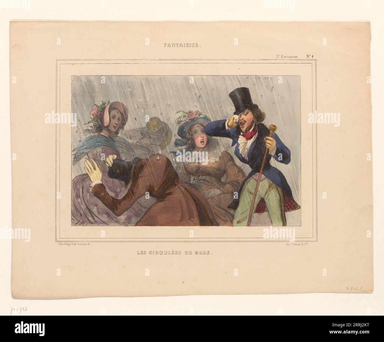 Märzduschen, 1839. Fantaisies: Les Giboul&#xe9;es de Mars. Modisch gekleidete Menschen werden von Hagelsteinen getroffen. Stockfoto