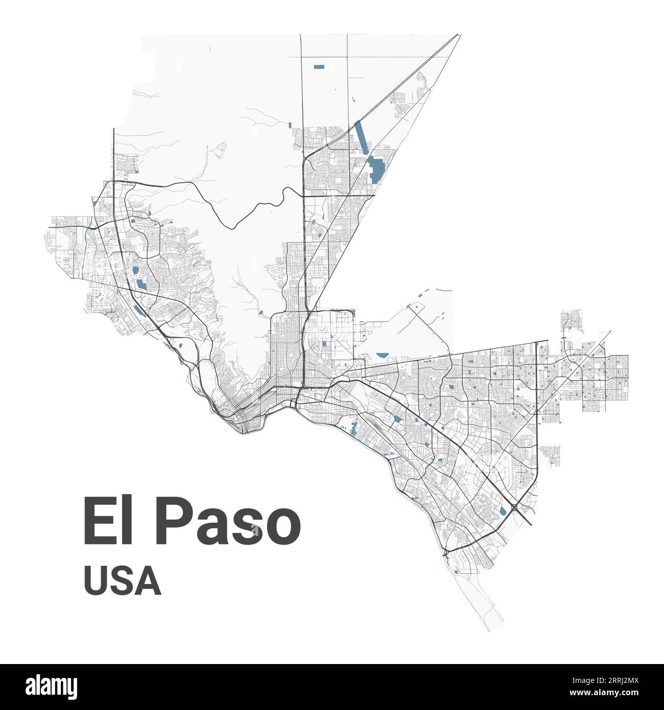 El Paso Karte, amerikanische Stadt. Stadtplan mit Flüssen und Straßen, Parks und Eisenbahnen. Vektorillustration. Stock Vektor