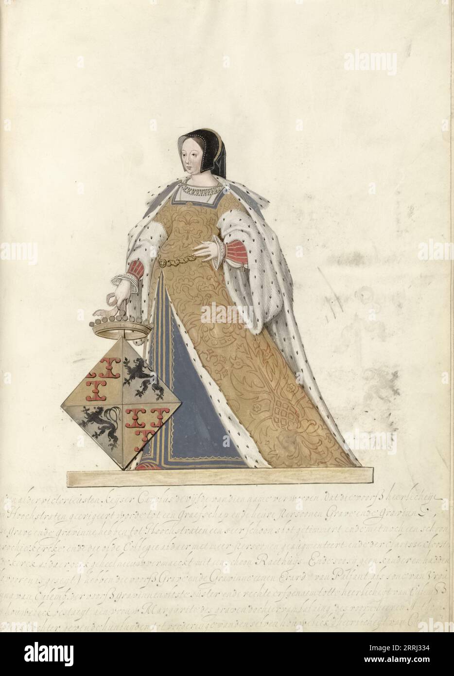 Elisabeth von Culemborg, c.1600-c.1625. Elisabeth, die letzte Dame von Culemborg, hielt das Viertelwappen von Culemborg. Kurz vor ihrem Tod 1555 erhob Karl V. die Herrschaft Culemborg zu einem County. Aus einer illustrierten Handschrift mit der Genealogie der Herren und Grafen von Culemborg. Wird Nicolaes de Kemp zugeschrieben. Stockfoto