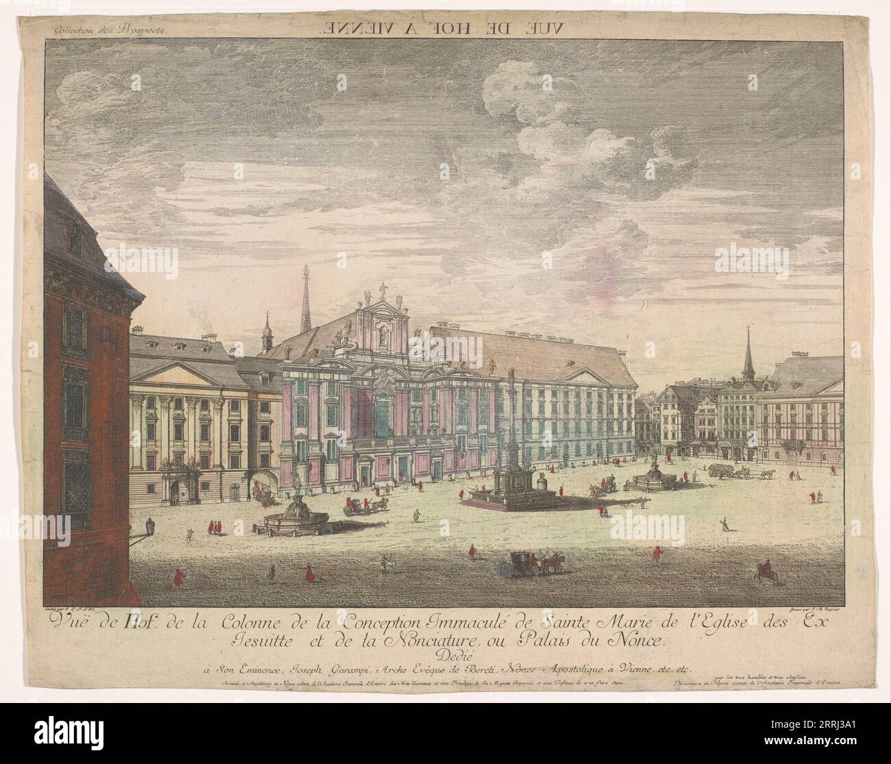 Blick auf den Platz am Hof in Wien, 1755-1779. Auf der linken Seite die Kirche am Hof und in der Mitte die Mariens&#xe4;ule. Im Hintergrund das Stephansdom. Stockfoto