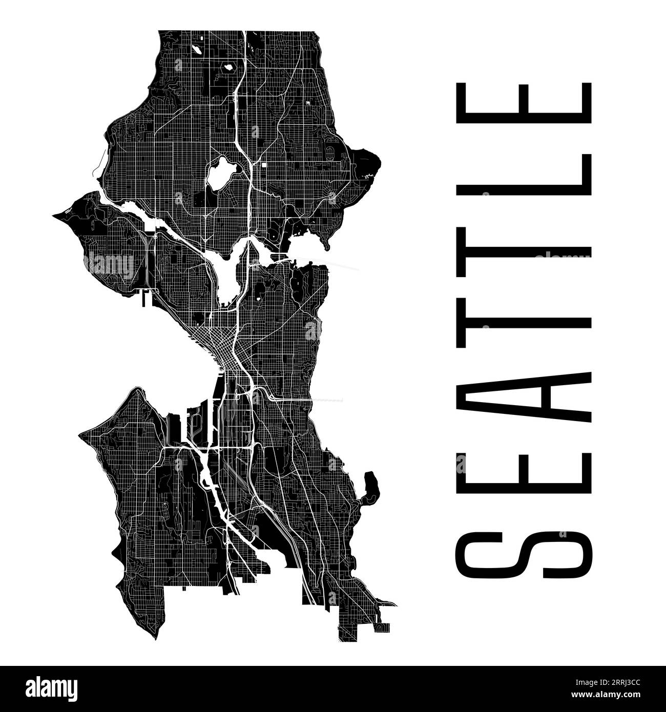 Stadtplan von Seattle, USA. Kommunale Verwaltungsgrenzen, schwarz-weiße Landkarte mit Flüssen und Straßen, Parks und Eisenbahnen. Vektorillustra Stock Vektor