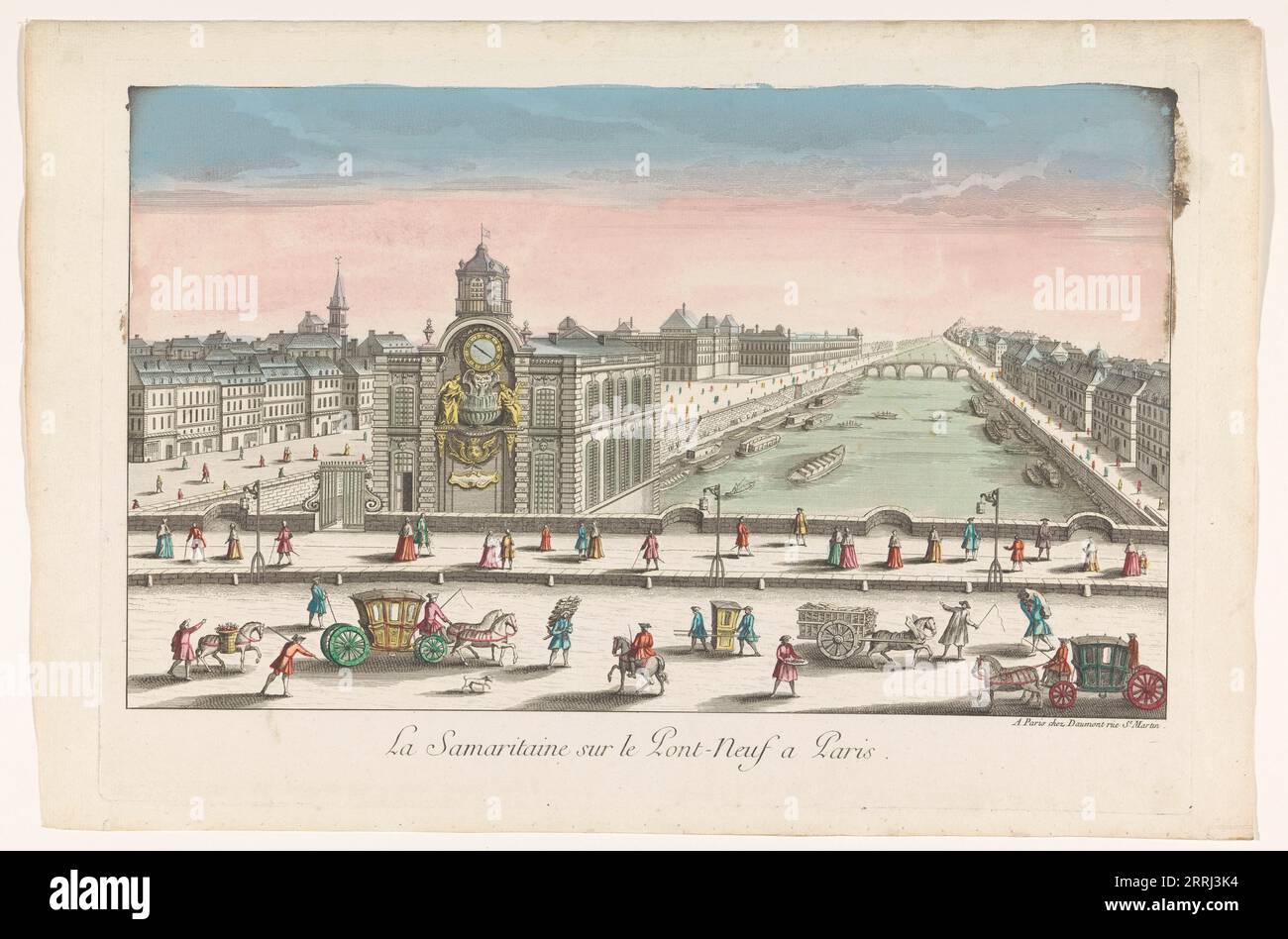 Blick auf die Wasserpumpe Samaritaine auf der Fähre Neuf über die seine in Paris, 1745-1775. Stockfoto