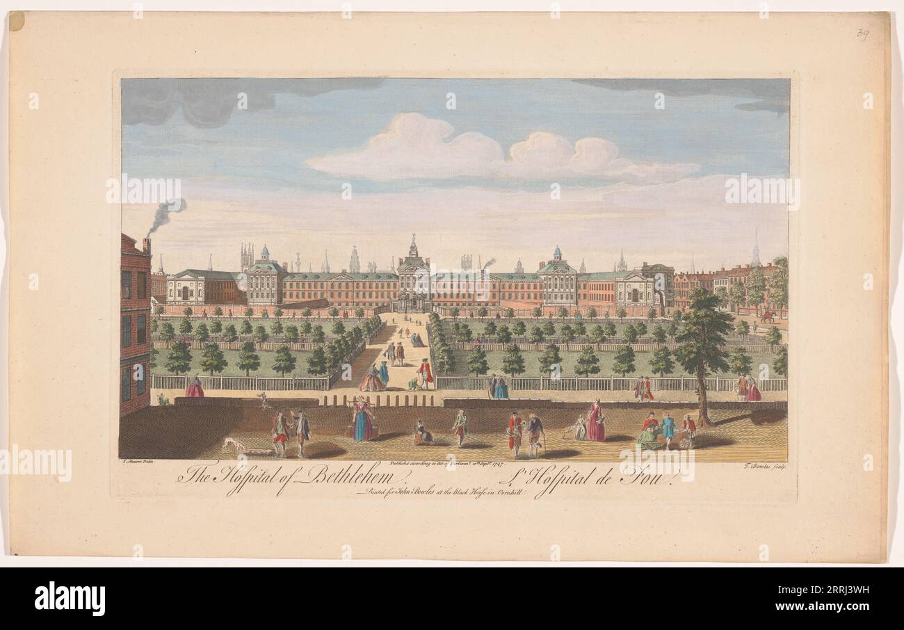 Blick auf das Bethlem Royal Hospital in London, 1747. 'L'Hospital de Fou', (Mad Hospital). Bethlem, oder Bedlam, wurde 1247 gegründet und war ursprünglich ein Zentrum für die Sammlung von Almen, um die Kreuzfahrerkirche zu unterstützen und England mit dem Heiligen Land zu verbinden. Es wurde zu einer berüchtigten Irrenanstalt und ist jetzt ein psychiatrisches Krankenhaus. Stockfoto