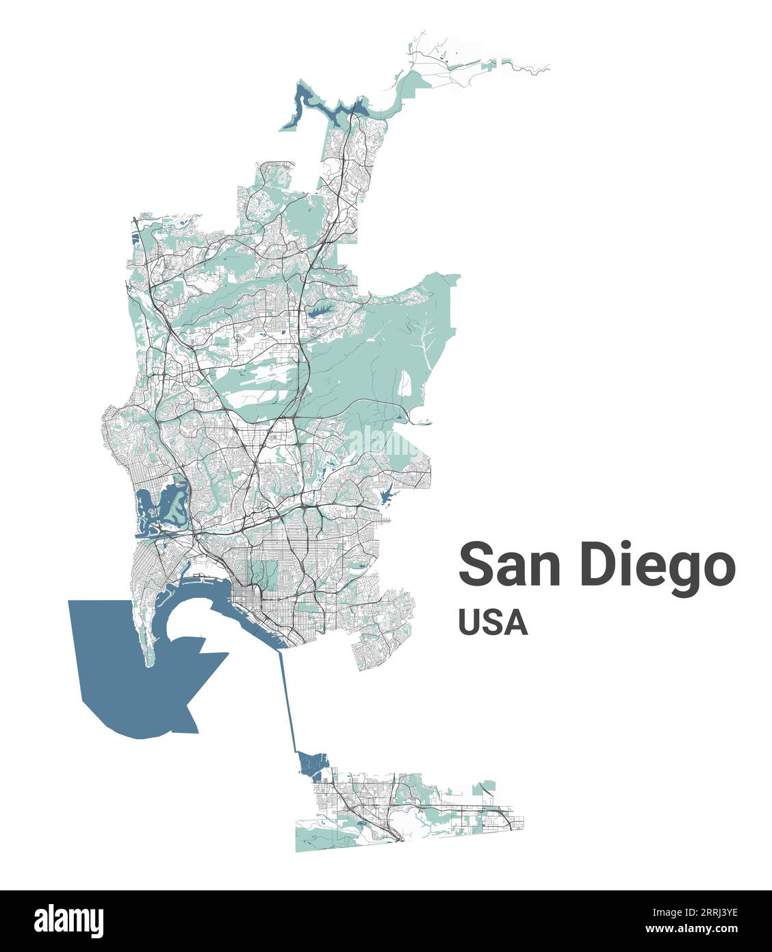Karte von San Diego, amerikanische Stadt. Stadtplan mit Flüssen und Straßen, Parks und Eisenbahnen. Vektorillustration. Stock Vektor