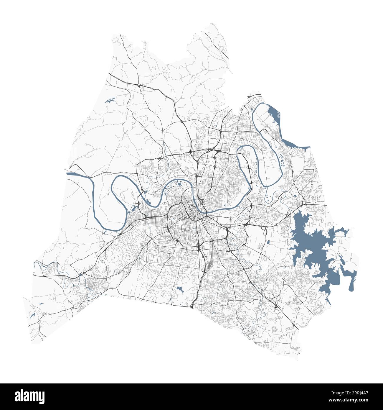 Nashville Karte, amerikanische Stadt. Stadtplan mit Flüssen und Straßen, Parks und Eisenbahnen. Vektorillustration. Stock Vektor