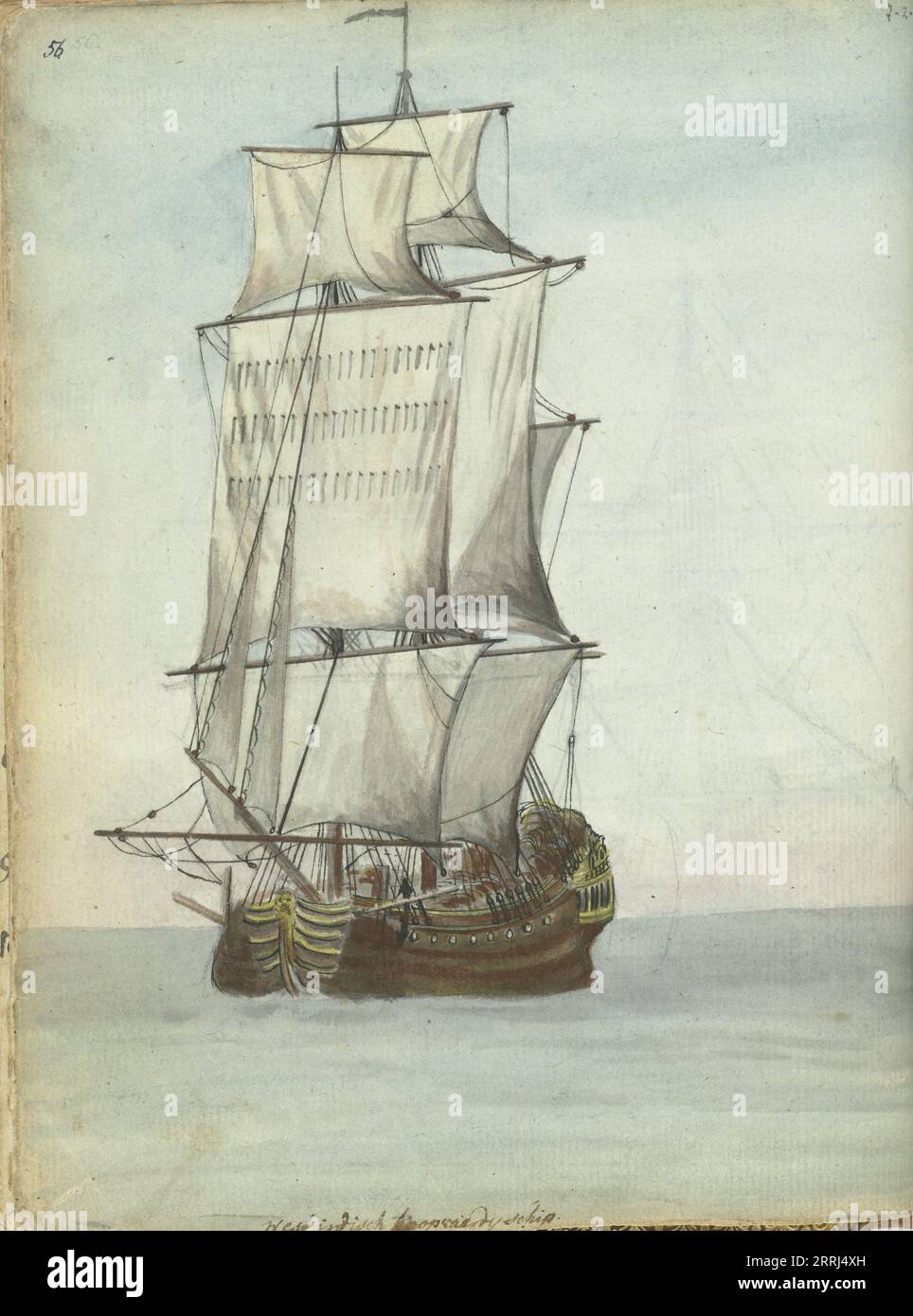 West Indiaman, 1779-1787. WIC-Schiff von ca. 100 Fuß auf ruhigem Meer. Mit Inschrift. Teil von Jan Brandes' Skizzenbuch, dl. 2 (1808), S. 56. Stockfoto